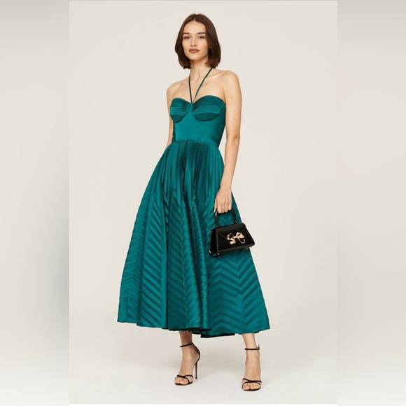 Emerald Marchesa Notte Green Pleated Dress - Picture 1 of 6